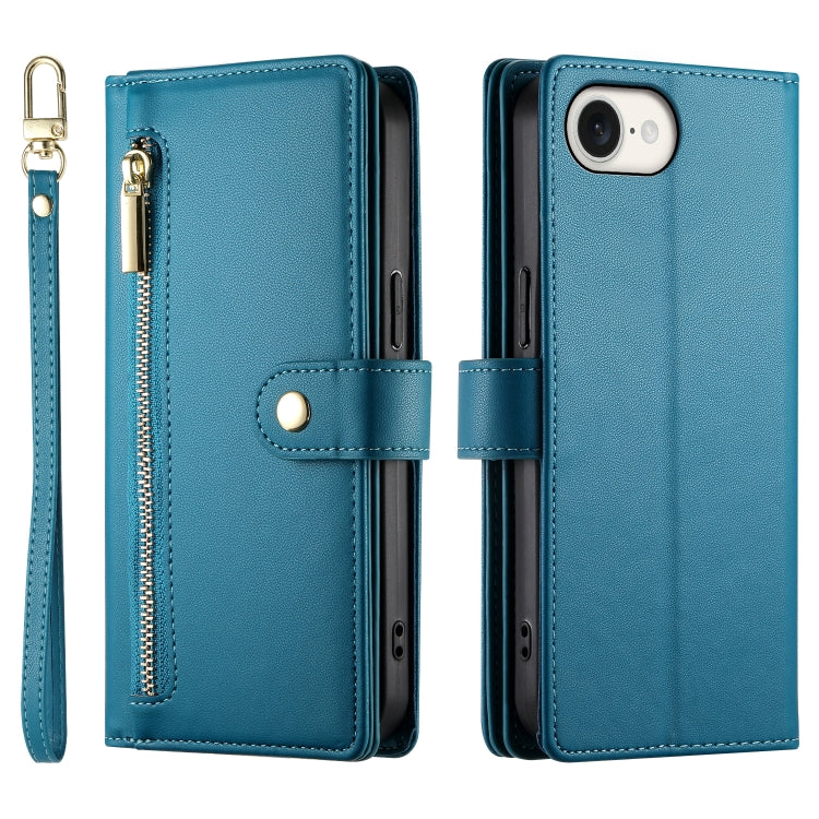 For iPhone SE 4 2024 Nine Card-slot Zipper Wallet Bag Leather Phone Case(Blue) - More iPhone Cases by buy2fix | Online Shopping UK | buy2fix