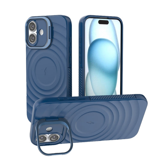 For iPhone 16 Plus Lens Frame Bracket Corrugated MagSafe Phone Case(Dark Blue) - iPhone 16 Plus Cases by buy2fix | Online Shopping UK | buy2fix