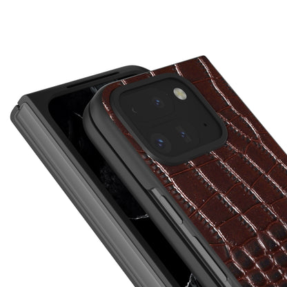 For Google Pixel 9 Pro Fold ABEEL Genuine Leather Crocodile Pattern Black Edge Phone Case(Coffee) - Google Cases by buy2fix | Online Shopping UK | buy2fix