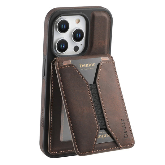 For iPhone 16 Pro Denior D18 Skin Feel Rotating Holder MagSafe Detachable Card Slot Phone Case(Brown) - iPhone 16 Pro Cases by Denior | Online Shopping UK | buy2fix