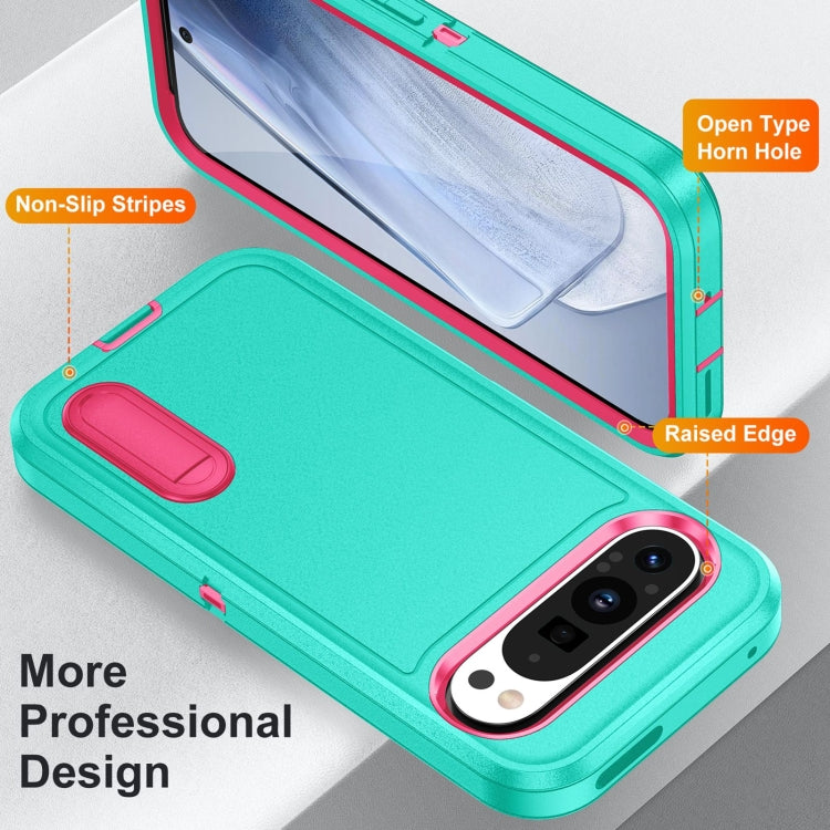 For Google Pixel 9 Pro Rugged PC + Silicone Phone Case with Holder(Light Green+Rose Red) - Google Cases by buy2fix | Online Shopping UK | buy2fix