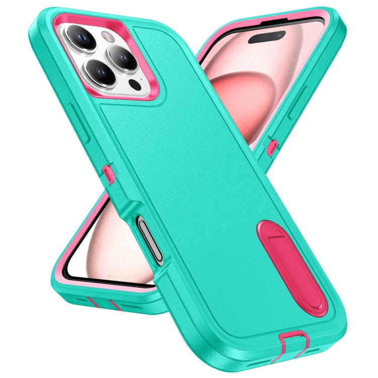 For iPhone 16 Pro Max Rugged PC + Silicone Phone Case with Holder(Light Green+Rose Red) - iPhone 16 Pro Max Cases by buy2fix | Online Shopping UK | buy2fix