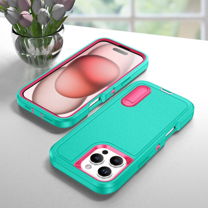 For iPhone 16 Pro Rugged PC + Silicone Phone Case with Holder(Light Green+Rose Red) - iPhone 16 Pro Cases by buy2fix | Online Shopping UK | buy2fix