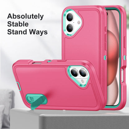 For iPhone 16 Rugged PC + Silicone Phone Case with Holder(Rose Red+Light Green) - iPhone 16 Cases by buy2fix | Online Shopping UK | buy2fix