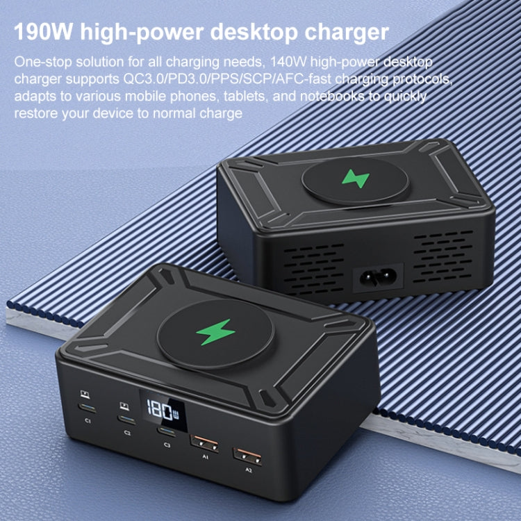 190W LED Display 3 x Type-C + 2 x USB Multi Ports Charger Support QI Wireless Charging(Black) - Multifunction Charger by buy2fix | Online Shopping UK | buy2fix