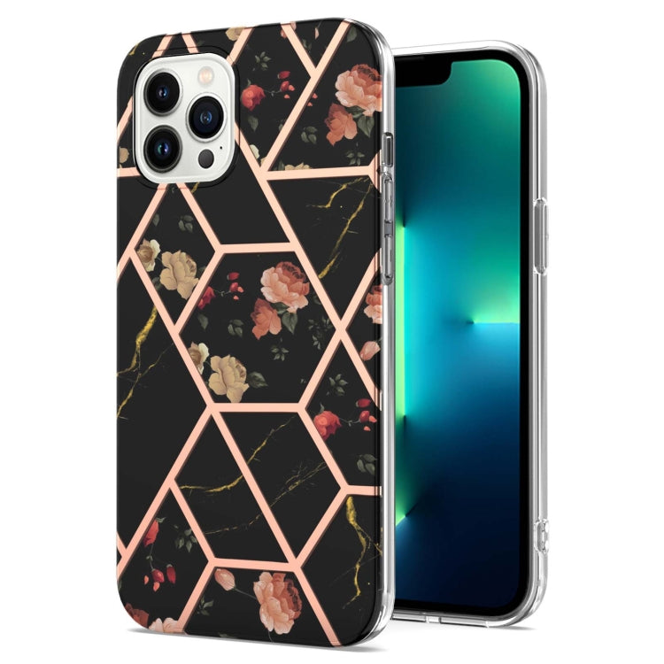 For iPhone 16 Pro Splicing Marble Flower IMD TPU Phone Case(Black Flower) - iPhone 16 Pro Cases by buy2fix | Online Shopping UK | buy2fix