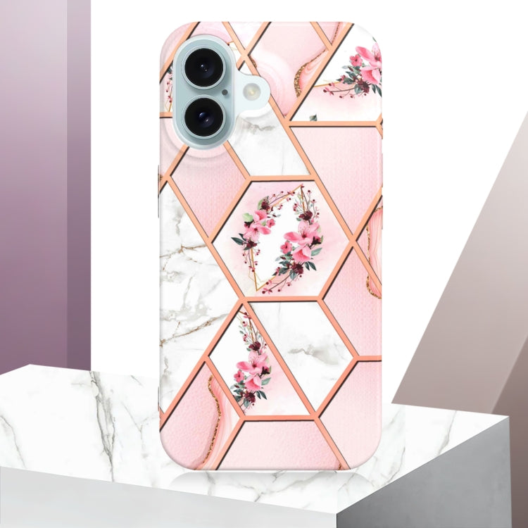 For iPhone 16 Plus Splicing Marble Flower IMD TPU Phone Case(Pink Flower) - iPhone 16 Plus Cases by buy2fix | Online Shopping UK | buy2fix