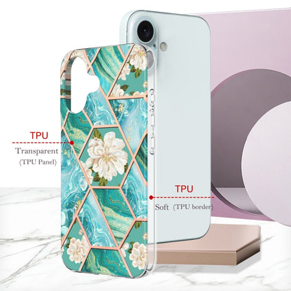 For iPhone 16 Splicing Marble Flower IMD TPU Phone Case(Blue Flower) - iPhone 16 Cases by buy2fix | Online Shopping UK | buy2fix