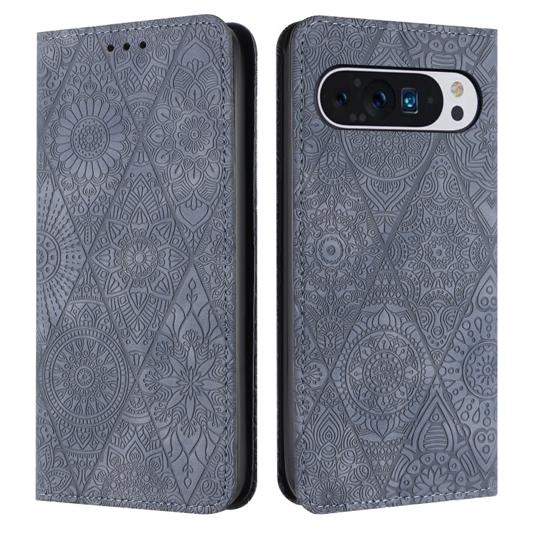 For Google Pixel 9 / 9 Pro Ethnic Embossed Adsorption Leather Phone Case(Grey) - Google Cases by buy2fix | Online Shopping UK | buy2fix