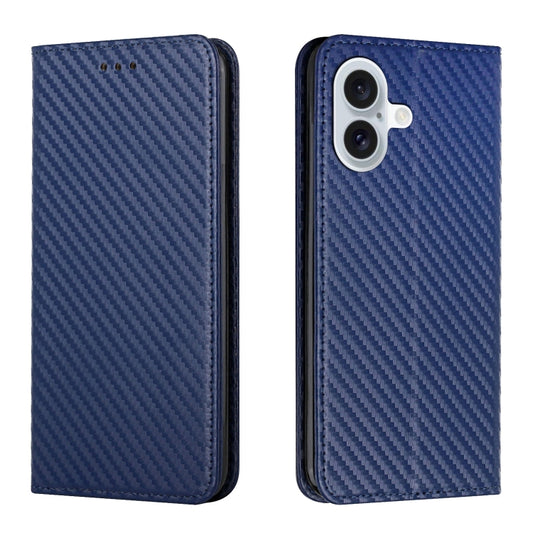 For iPhone 16 Carbon Fiber Texture Magnetic Flip Leather Phone Case(Blue) - iPhone 16 Cases by buy2fix | Online Shopping UK | buy2fix