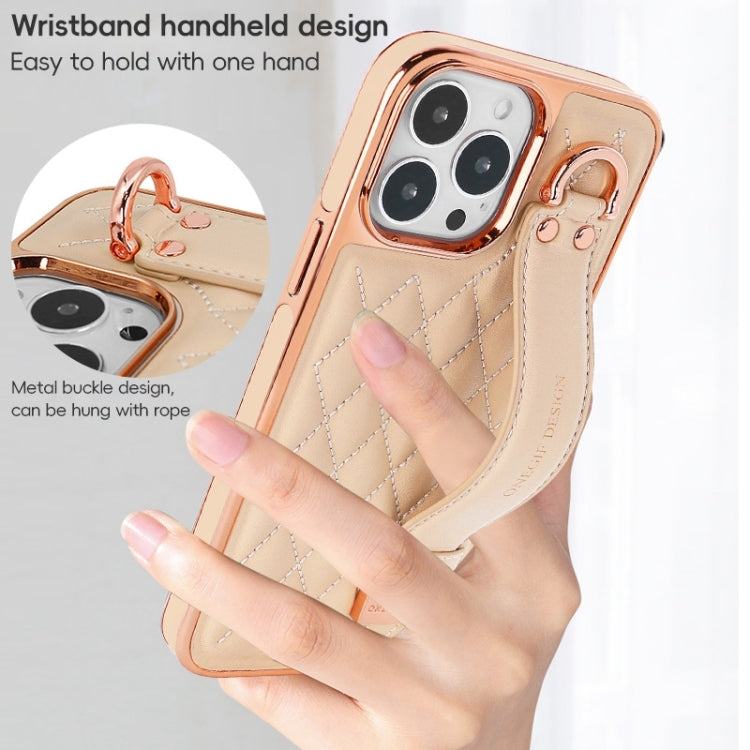 For iPhone 15 Pro Max VIETAO Rhombic Texture Wristband PU Phone Case(Brown) - iPhone 15 Pro Max Cases by VIETAO | Online Shopping UK | buy2fix