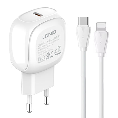 LDNIO A1206C PD27W USB-C / Type-C Fast Charger with 1m 8 Pin Cable, Plug Type:EU Plug(White) - USB Charger by LDNIO | Online Shopping UK | buy2fix