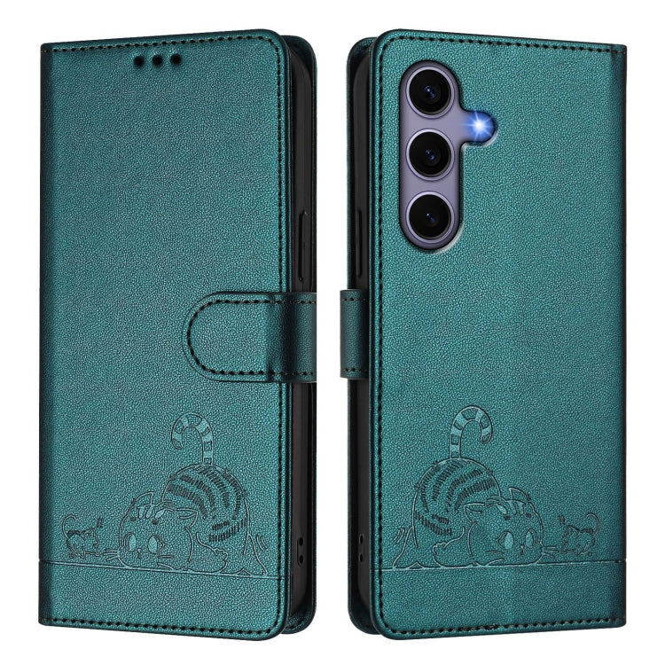 For Samsung Galaxy S25 5G Cat Rat Embossed RFID Leather Phone Case with Lanyard(Peacock Green) - Galaxy S25 5G Cases by buy2fix | Online Shopping UK | buy2fix