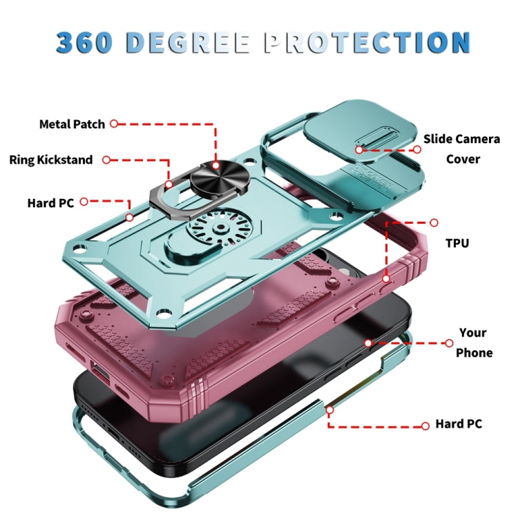 For iPhone 16 Pro Sliding Camshield TPU + PC Phone Case with Holder(Green+Pink) - iPhone 16 Pro Cases by buy2fix | Online Shopping UK | buy2fix