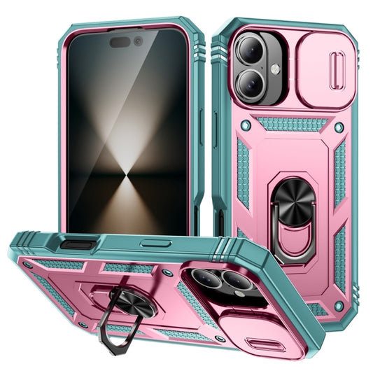 For iPhone 16 Plus Sliding Camshield TPU + PC Phone Case with Holder(Green+Pink) - iPhone 16 Plus Cases by buy2fix | Online Shopping UK | buy2fix