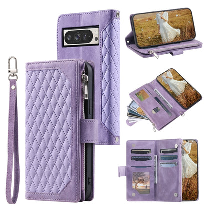 For Google Pixel 9 Pro XL Grid Texture Zipper Leather Phone Case with Lanyard(Purple) - Google Cases by buy2fix | Online Shopping UK | buy2fix