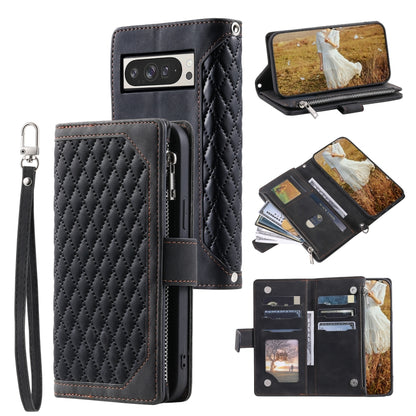 For Google Pixel 9 Pro XL Grid Texture Zipper Leather Phone Case with Lanyard(Black) - Google Cases by buy2fix | Online Shopping UK | buy2fix