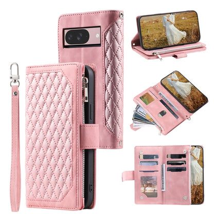 For Google Pixel 9 / 9 Pro Grid Texture Zipper Leather Phone Case with Lanyard(Rose Gold) - Google Cases by buy2fix | Online Shopping UK | buy2fix