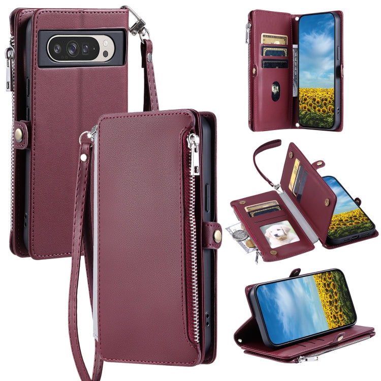 For Google Pixel 9 Pro XL Leather Stitching Multi-card Slot Zipper Phone Case(Wine Red) - Google Cases by buy2fix | Online Shopping UK | buy2fix