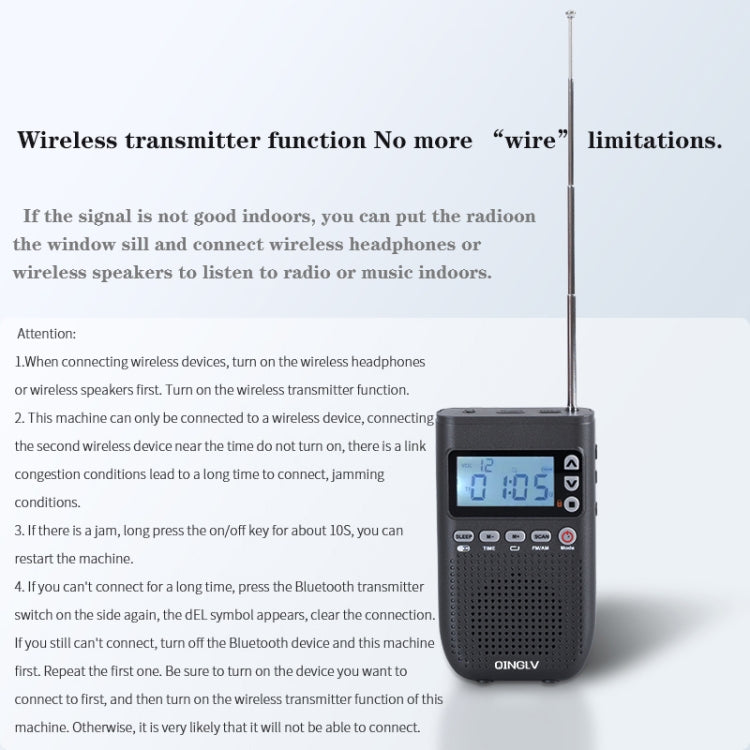 QINGLV QL-518 Portable Bluetooth Transmitter Radio Support FM / AM / MP3(Black) - Radio Player by buy2fix | Online Shopping UK | buy2fix