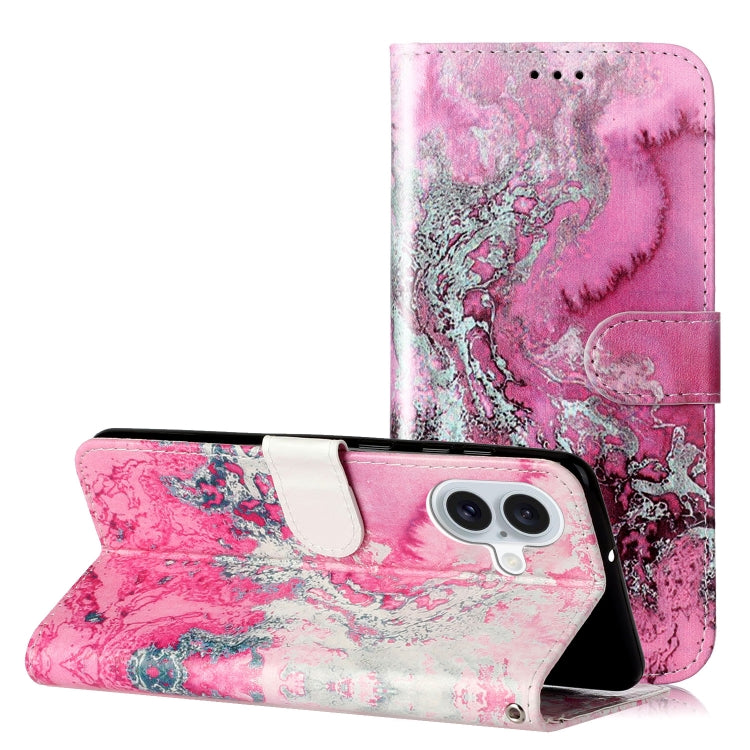 For iPhone 16 Colored Drawing Marble Pattern Leather Phone Case(Pink Seawater) - iPhone 16 Cases by buy2fix | Online Shopping UK | buy2fix