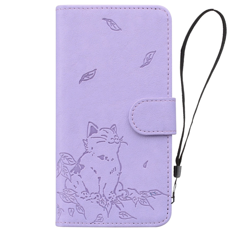 For iPhone 16 Cute Cat Embossed Leather Phone Case(Purple) - iPhone 16 Cases by buy2fix | Online Shopping UK | buy2fix