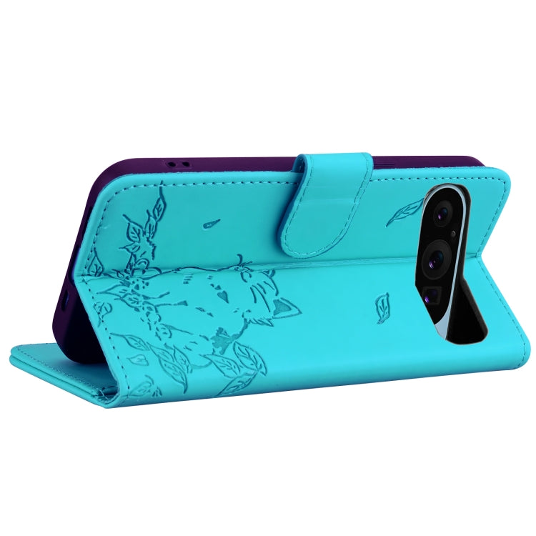 For Google Pixel 9 Pro XL Cute Cat Embossed Leather Phone Case(Lake Blue) - Google Cases by buy2fix | Online Shopping UK | buy2fix