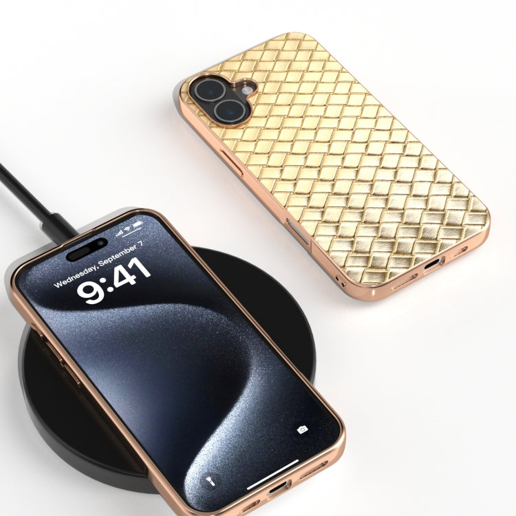 For iPhone 16 Plus Electroplated Frame Woven Texture PU Phone Case(Gold) - iPhone 16 Plus Cases by buy2fix | Online Shopping UK | buy2fix