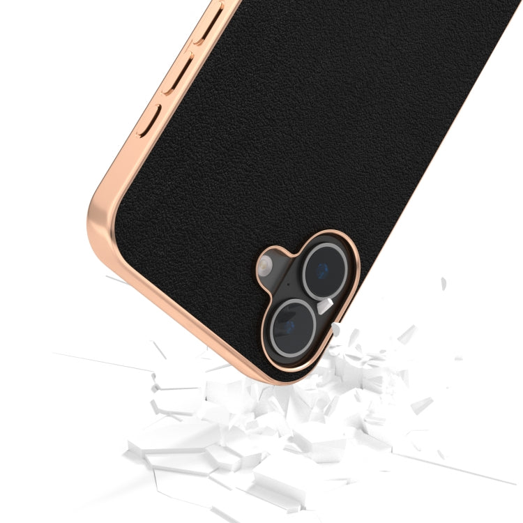 For iPhone 16 Plus ABEEL Electroplated Frame Genuine Leather Wave Phone Case(Black) - iPhone 16 Plus Cases by buy2fix | Online Shopping UK | buy2fix