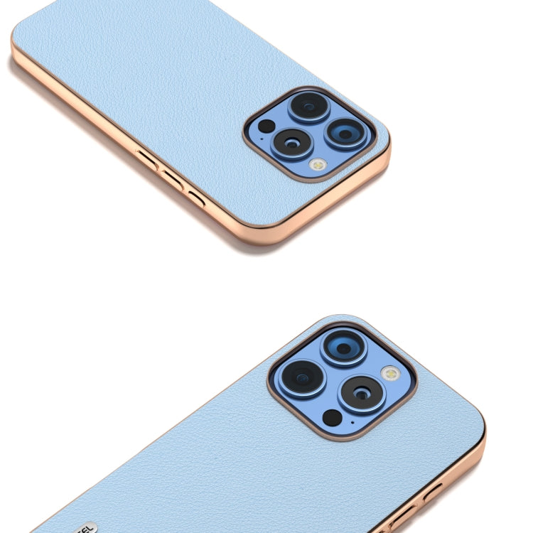 For iPhone 16 Pro ABEEL Electroplating Frame Genuine Leather Wave Phone Case(Blue) - iPhone 16 Pro Cases by buy2fix | Online Shopping UK | buy2fix