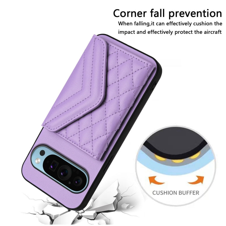 For Google Pixel 9 / 9 Pro Rhombic Texture Card Bag RFID Phone Case with Long Lanyard(Light Purple) - Google Cases by buy2fix | Online Shopping UK | buy2fix