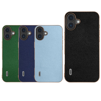 For iPhone 16 Plus ABEEL Genuine Leather Mino Series Nano Plating Phone Case(Blue) - iPhone 16 Plus Cases by buy2fix | Online Shopping UK | buy2fix