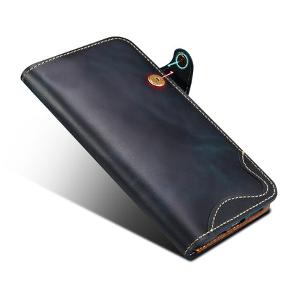 For iPhone 16 Denior B01 Oil Wax Cowhide Magnetic Button Genuine Leather Case(Blue) - iPhone 16 Cases by Denior | Online Shopping UK | buy2fix