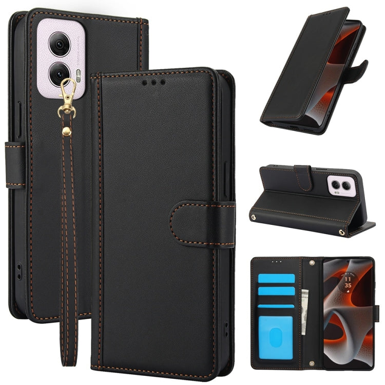 For Motorola Moto G Power 5G 2024 Skin Feel Pure Color Card Slots Leather Phone Case with Dual Lanyard(Black) - Motorola Cases by buy2fix | Online Shopping UK | buy2fix