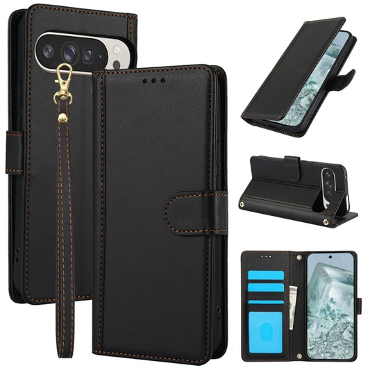 For Google Pixel 9 Pro XL Skin Feel Pure Color Card Slots Leather Phone Case with Dual Lanyard(Black) - Google Cases by buy2fix | Online Shopping UK | buy2fix