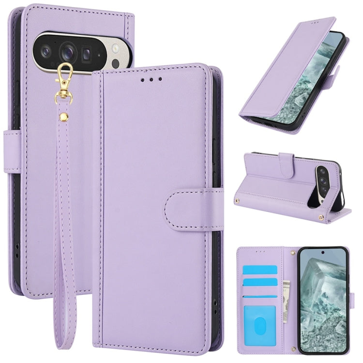 For Google Pixel 9 Pro XL Skin Feel Pure Color Card Slots Leather Phone Case with Dual Lanyard(Purple) - Google Cases by buy2fix | Online Shopping UK | buy2fix