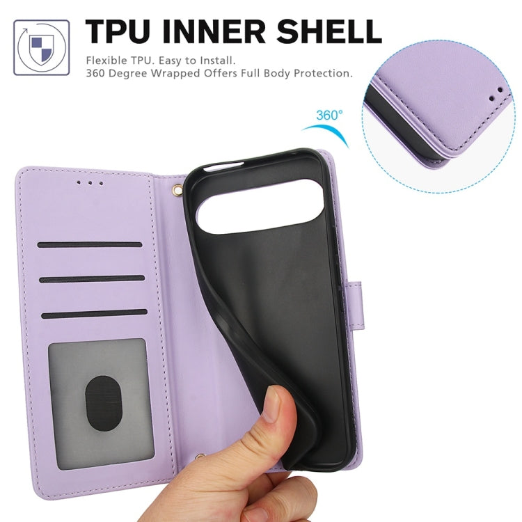 For Google Pixel 9 / 9 Pro Skin Feel Pure Color Card Slots Leather Phone Case with Dual Lanyard(Purple) - Google Cases by buy2fix | Online Shopping UK | buy2fix