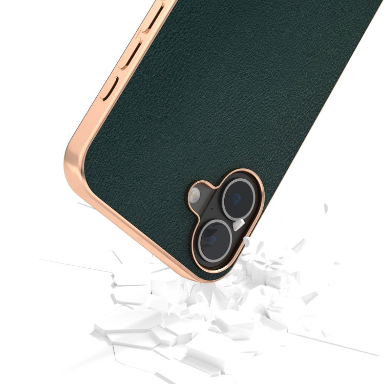 For iPhone 16 Plus PU Leather Electroplating Frame Full Coverage Phone Case(Green) - iPhone 16 Plus Cases by buy2fix | Online Shopping UK | buy2fix