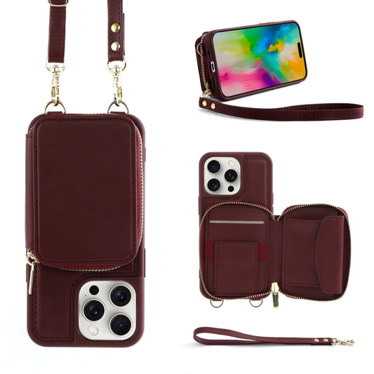 For iPhone 16 Pro Crossbody Zipper Wallet Bag Leather Phone Case with Lanyard(Wine Red) - iPhone 16 Pro Cases by buy2fix | Online Shopping UK | buy2fix