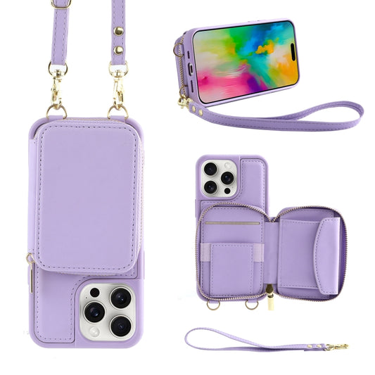 For iPhone 16 Pro Max Crossbody Zipper Wallet Bag Leather Phone Case with Lanyard(Purple) - iPhone 16 Pro Max Cases by buy2fix | Online Shopping UK | buy2fix