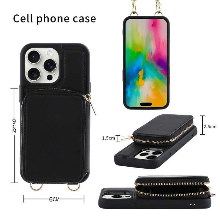 For iPhone 16 Crossbody Zipper Wallet Bag Leather Phone Case with Lanyard(Black) - iPhone 16 Cases by buy2fix | Online Shopping UK | buy2fix