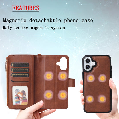 For iPhone 16 Plus Solid Color 2 in 1 Zipper Shockproof Phone Case(Brown) - iPhone 16 Plus Cases by buy2fix | Online Shopping UK | buy2fix