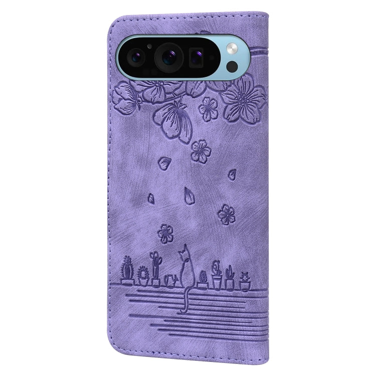 For Google Pixel 9 Pro XL Cartoon Sakura Cat Embossed Leather Phone Case(Purple) - Google Cases by buy2fix | Online Shopping UK | buy2fix