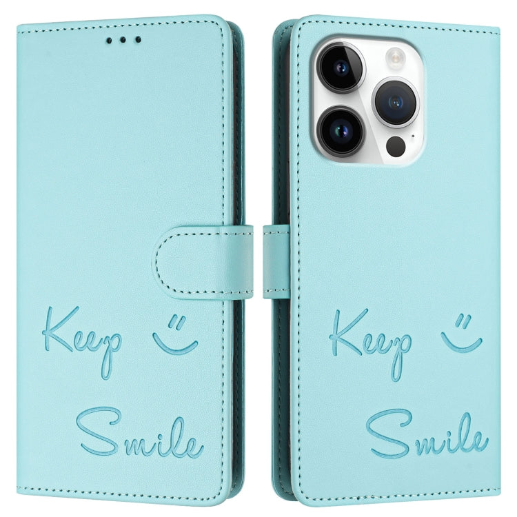 For iPhone 16 Pro Smile Embossing RFID Leather Phone Case(Mint Green) - iPhone 16 Pro Cases by buy2fix | Online Shopping UK | buy2fix