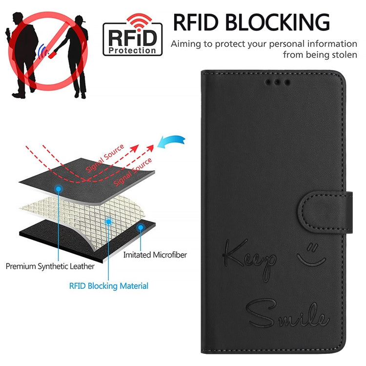 For iPhone 16 Smile Embossing RFID Leather Phone Case(Black) - iPhone 16 Cases by buy2fix | Online Shopping UK | buy2fix