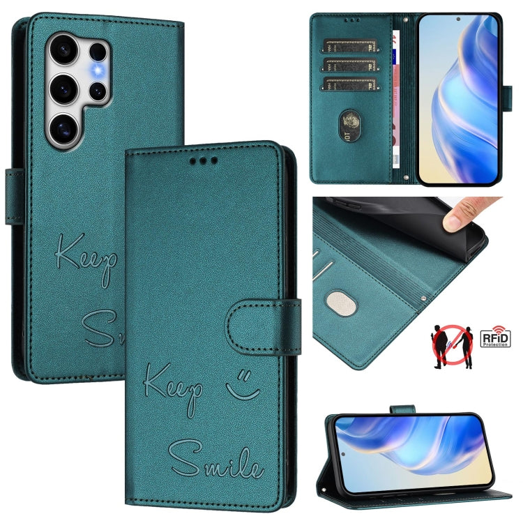 For Samsung Galaxy S25 Ultra 5G Smile Embossing RFID Leather Phone Case(Peacock Green) - Galaxy S25 Ultra 5G Cases by buy2fix | Online Shopping UK | buy2fix