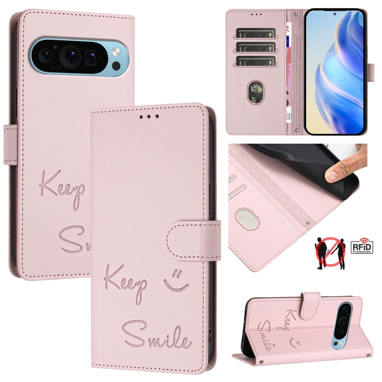 For Google Pixel 9 Pro XL Smile Embossing RFID Leather Phone Case(Pink) - Google Cases by buy2fix | Online Shopping UK | buy2fix