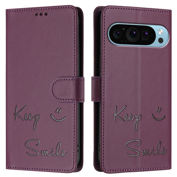 For Google Pixel 9 / Pixel 9 Pro Smile Embossing RFID Leather Phone Case(Violet) - Google Cases by buy2fix | Online Shopping UK | buy2fix