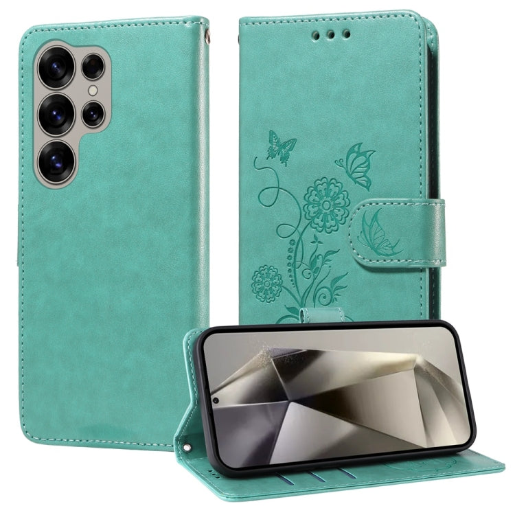 For Samsung Galaxy S25 Ultra 5G Embossed Butterfly Flowers Leather Phone Case(Green) - Galaxy S25 Ultra 5G Cases by buy2fix | Online Shopping UK | buy2fix