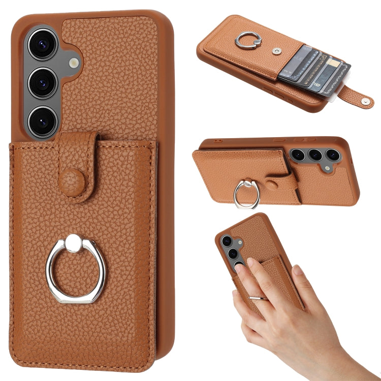 For Samsung Galaxy S25+ 5G Litchi Texture Drawing Card Bag Ring Holder Phone Case(Brown) - Galaxy S25+ 5G Cases by buy2fix | Online Shopping UK | buy2fix